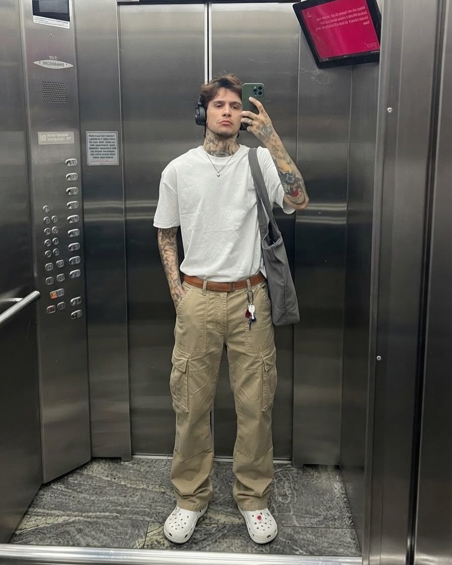 A man in a white t-shirt and khaki cargo pants posing in an elevator.