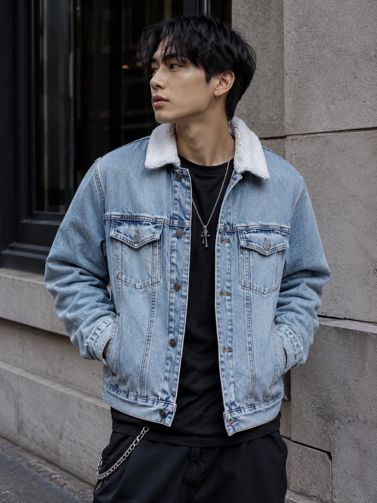 A young man posing in a light blue denim jacket with a white shearling collar.