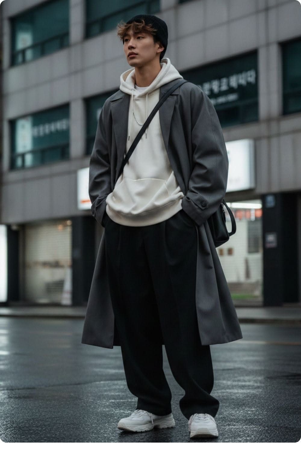 A man wearing an oversized grey trench coat, white hoodie, and black trousers standing on a city street.