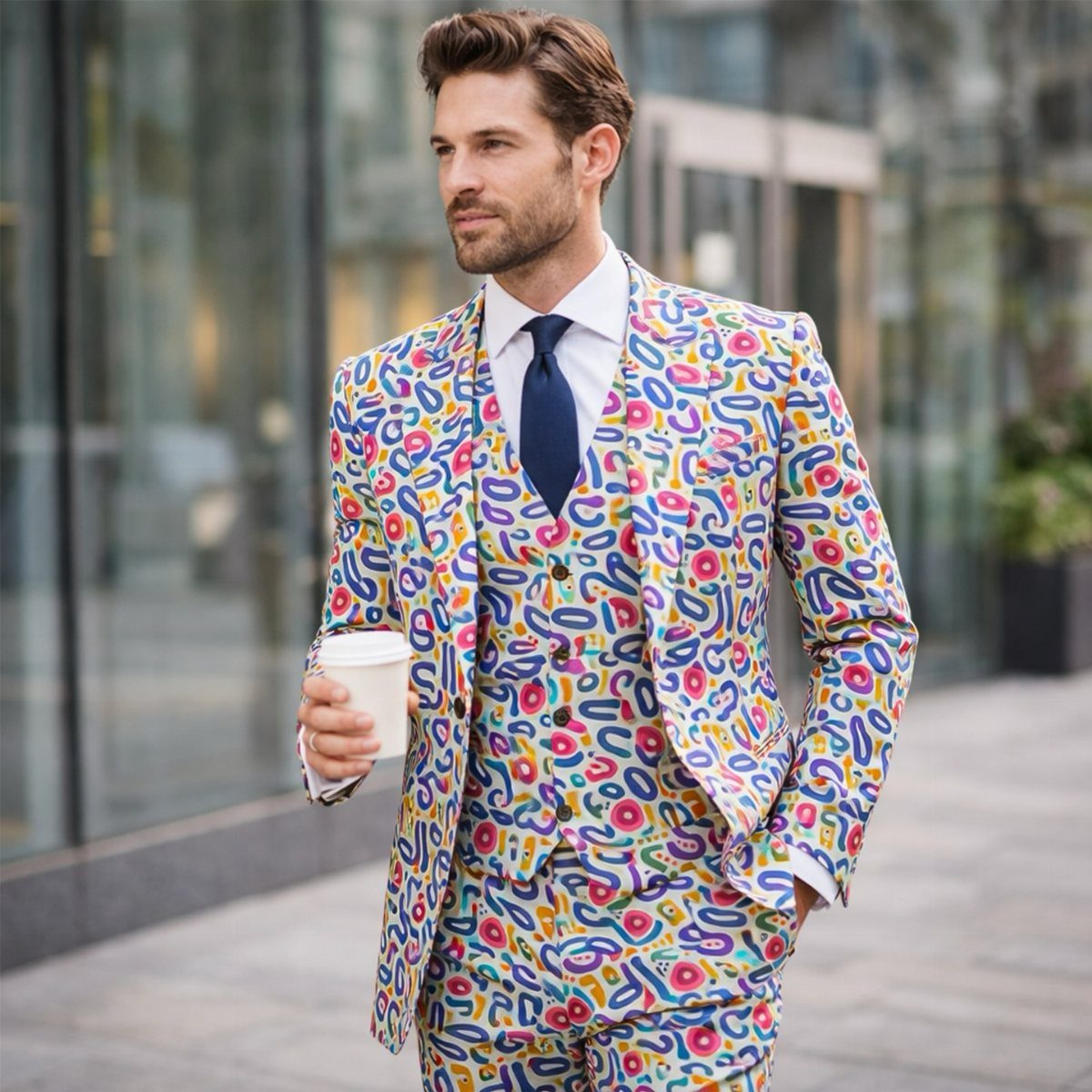 Man in a colorful three-piece suit with abstract painterly graphics walking outdoors.
