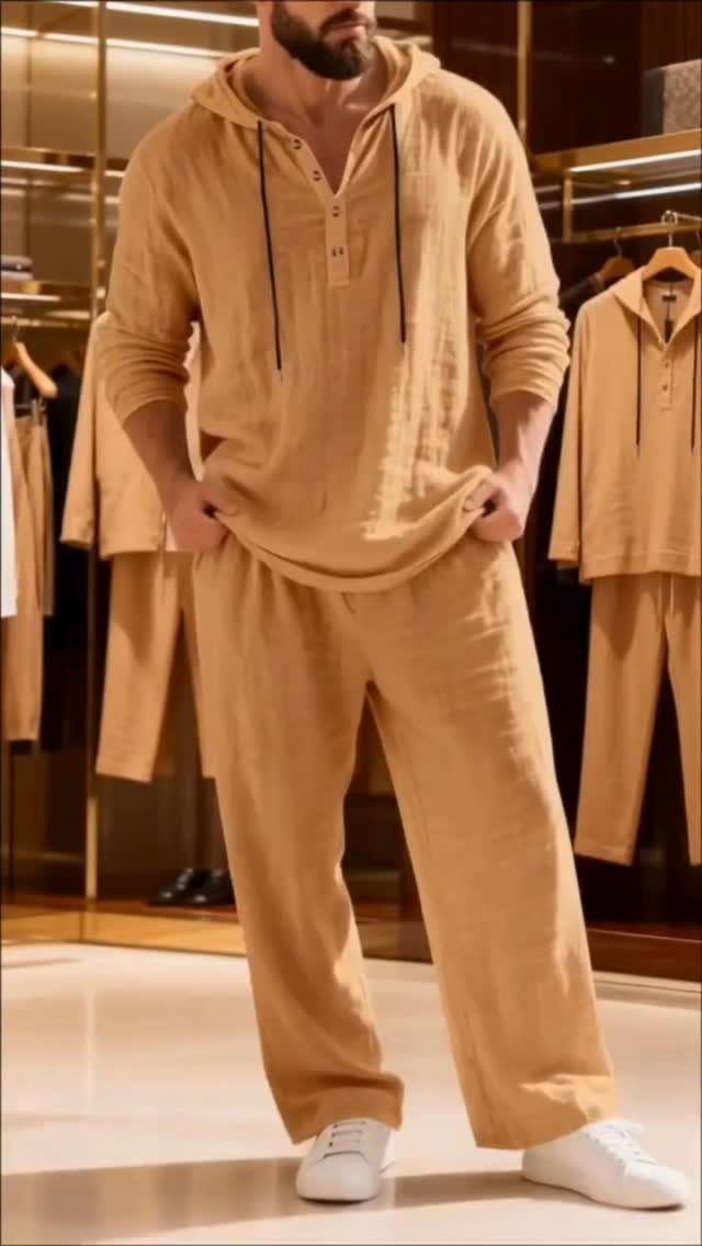 Man wearing a tan linen hooded shirt and matching wide-leg trousers with white sneakers.