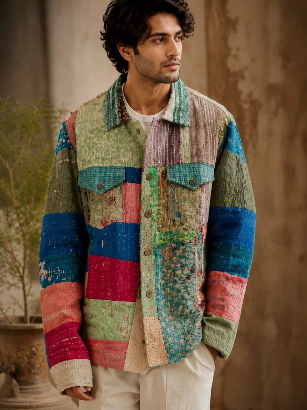 A man wearing a colorful patchwork textured jacket and white trousers against a neutral wall.