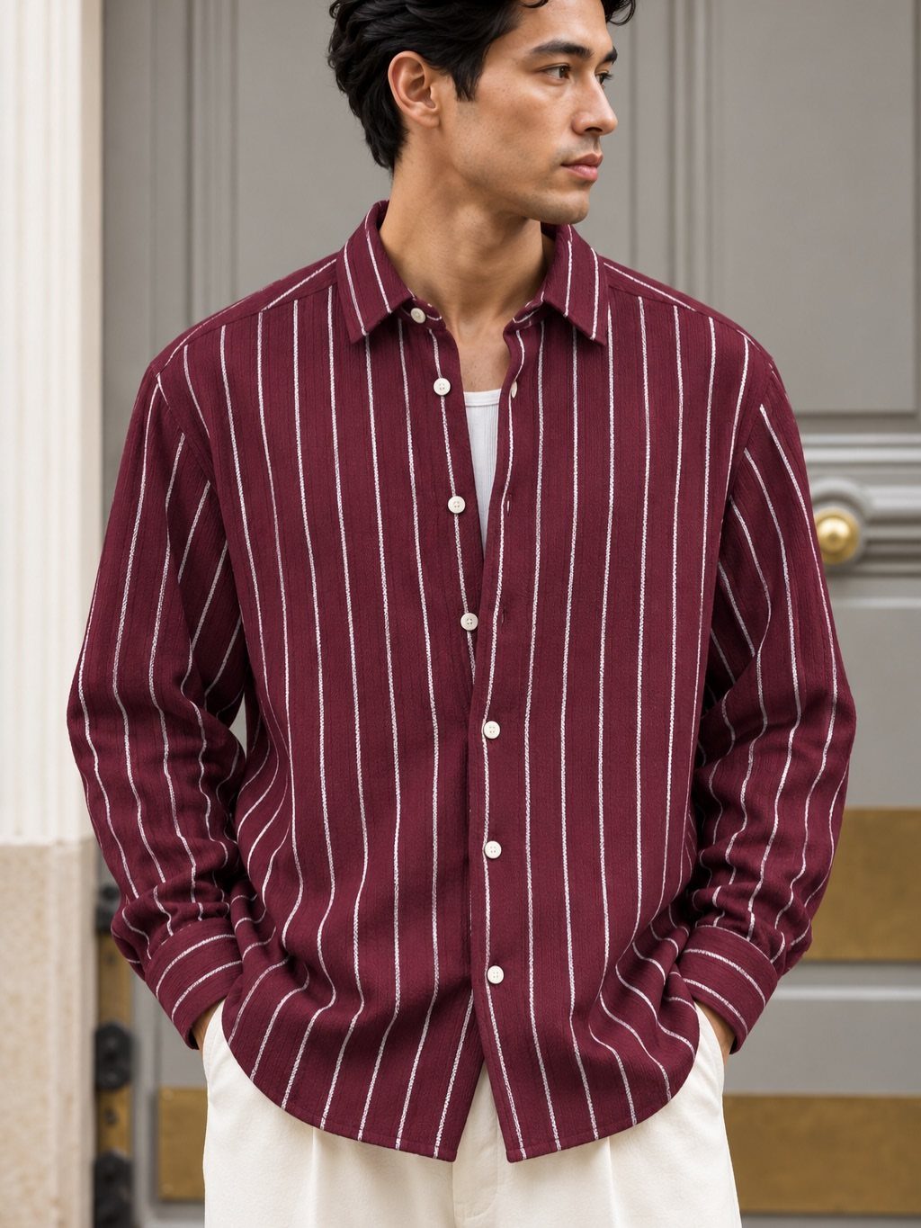 A man wearing a maroon button-down shirt with white vertical stripes and white pants.