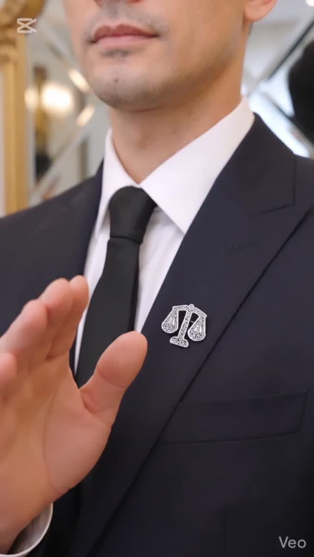Man in a navy suit and black tie with a silver scale of justice lapel pin.