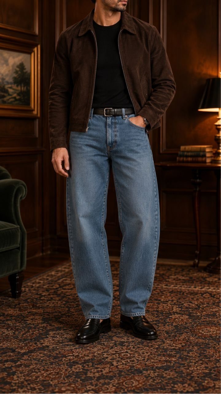 Man wearing a brown suede jacket, black shirt, and loose baggy blue jeans standing indoors.