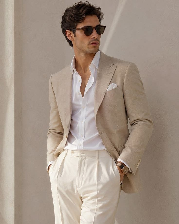 Man in a beige linen blazer, white shirt, and cream trousers wearing sunglasses.