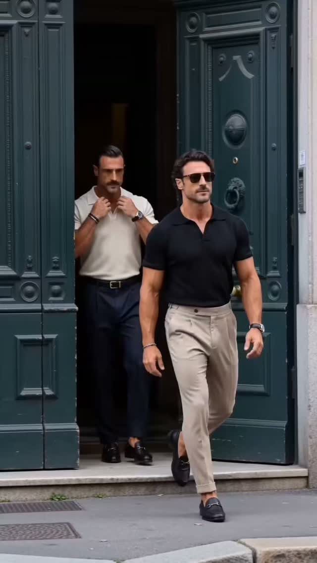 Two stylishly dressed men walking through a large, ornate green doorway in an urban setting.
