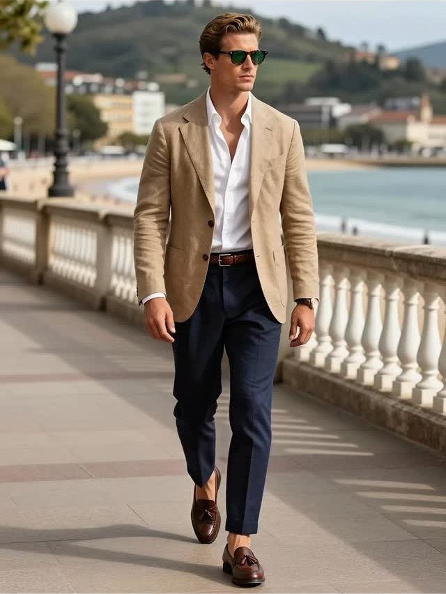 A man in a tan blazer and navy trousers walking along a sunny seaside promenade.