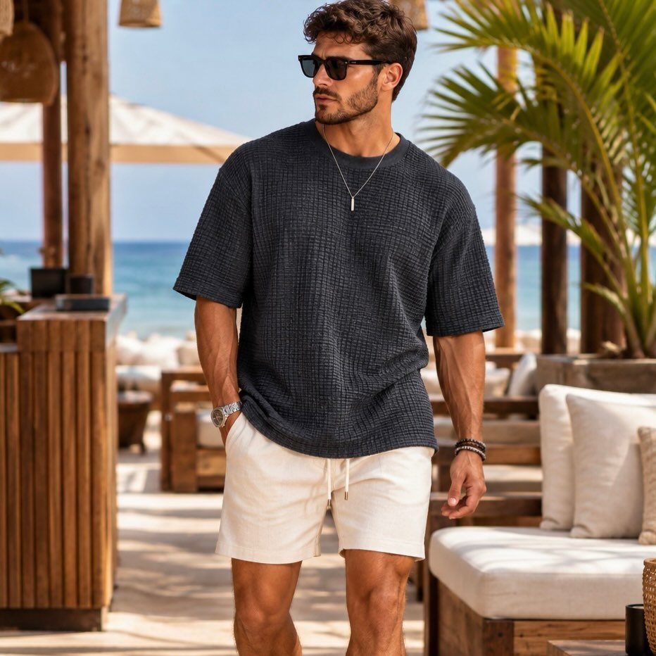 Man in a dark textured shirt and white shorts walking through a sunny beach club.