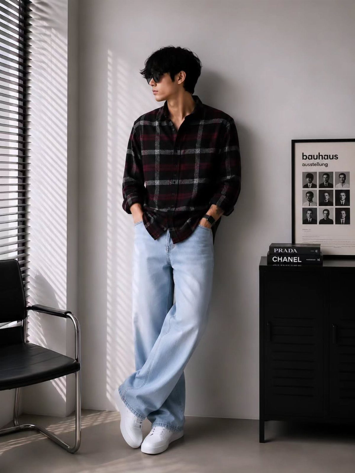 A man in a plaid shirt and light blue jeans leaning against a white wall.