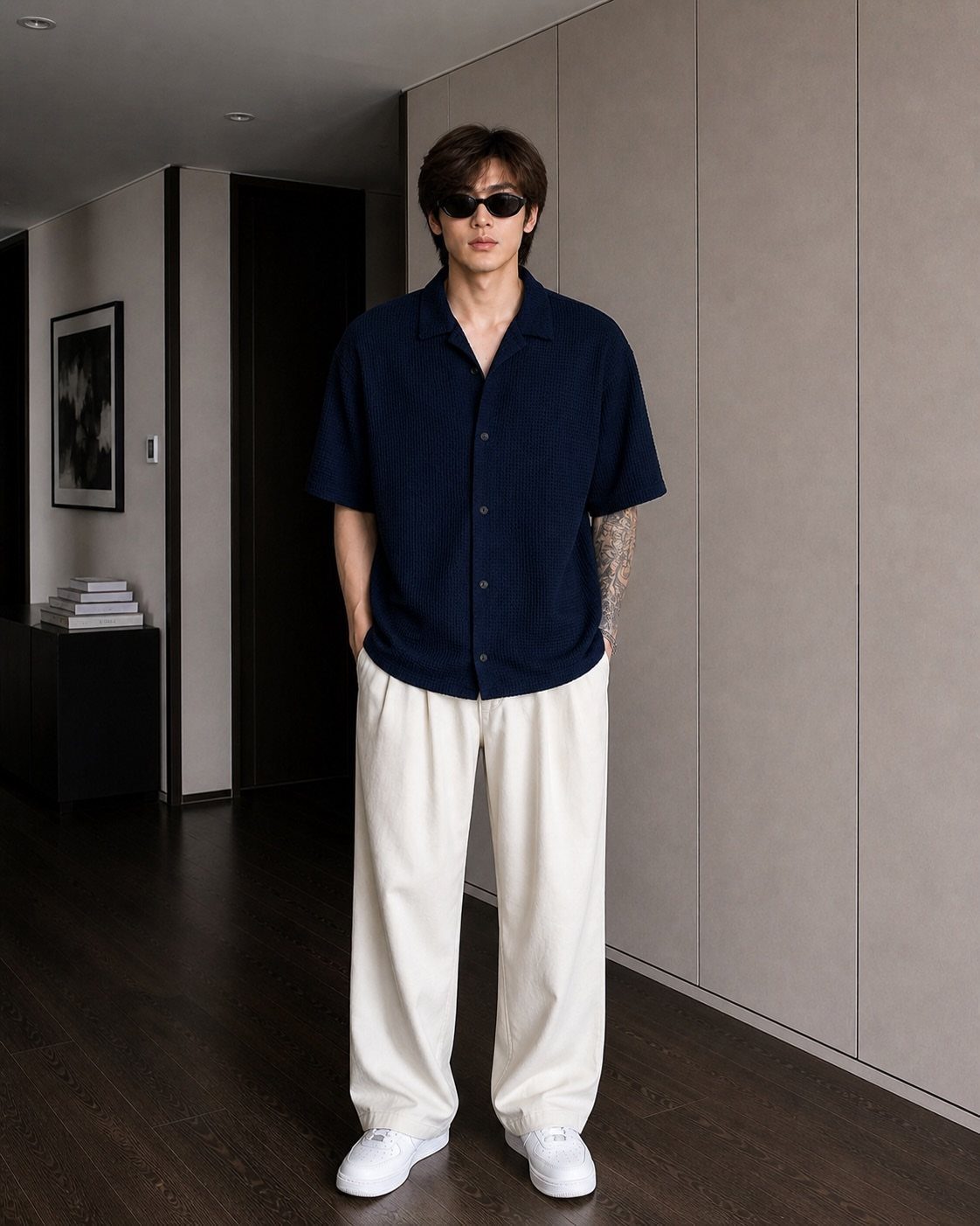 Man in navy short-sleeved button-down shirt and cream trousers standing in a modern room.