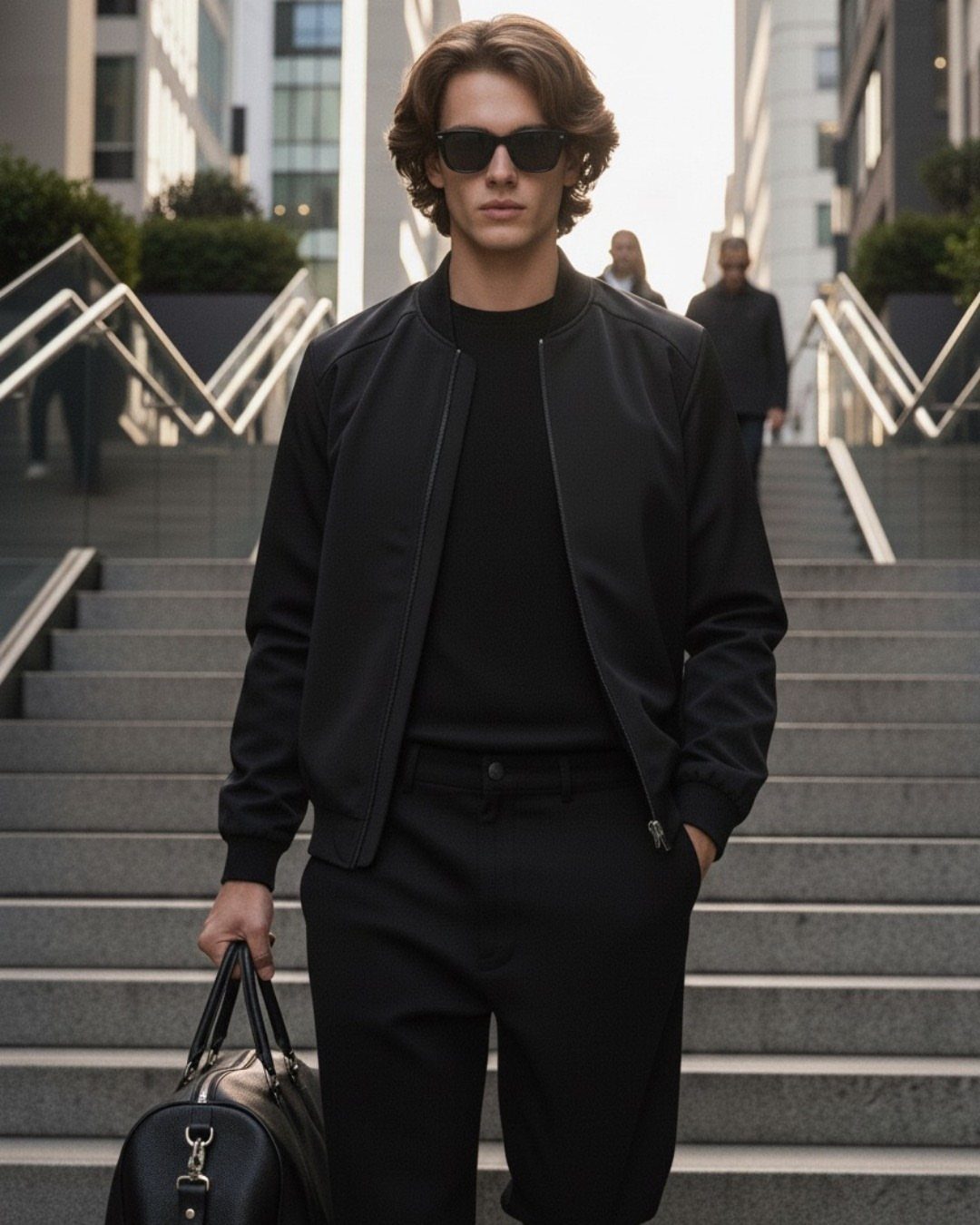 A man in a black bomber jacket and sunglasses walking down city stairs.
