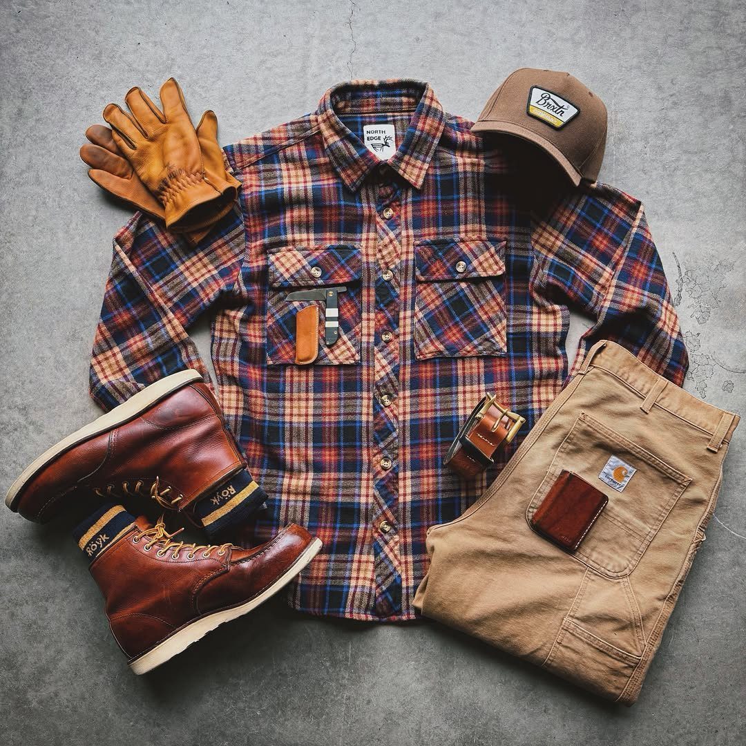 Flat lay of plaid shirt, tan trousers, leather boots, gloves, and a cap on gray background.