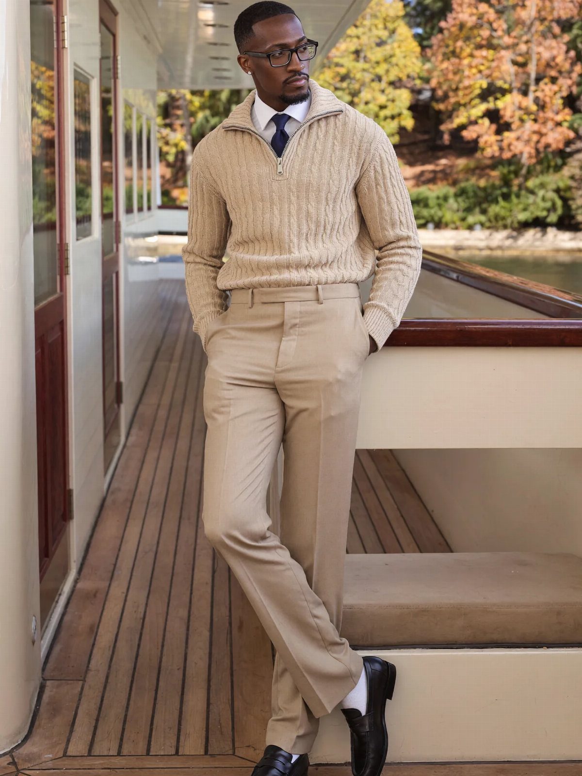 Man in beige cable-knit sweater, navy tie, and khaki trousers standing on a wooden boat.