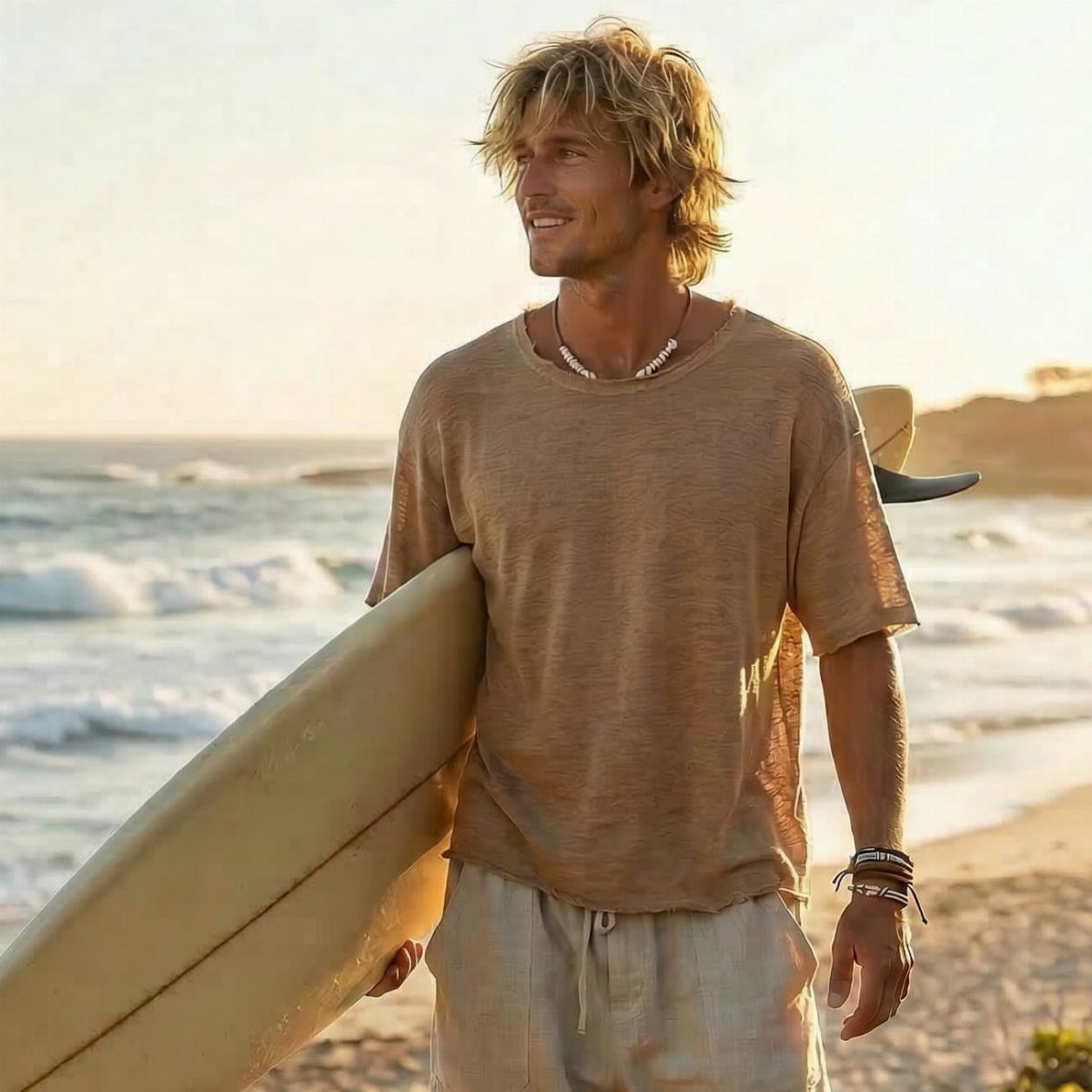 A man carrying a surfboard while walking along a sunny beach at sunset.