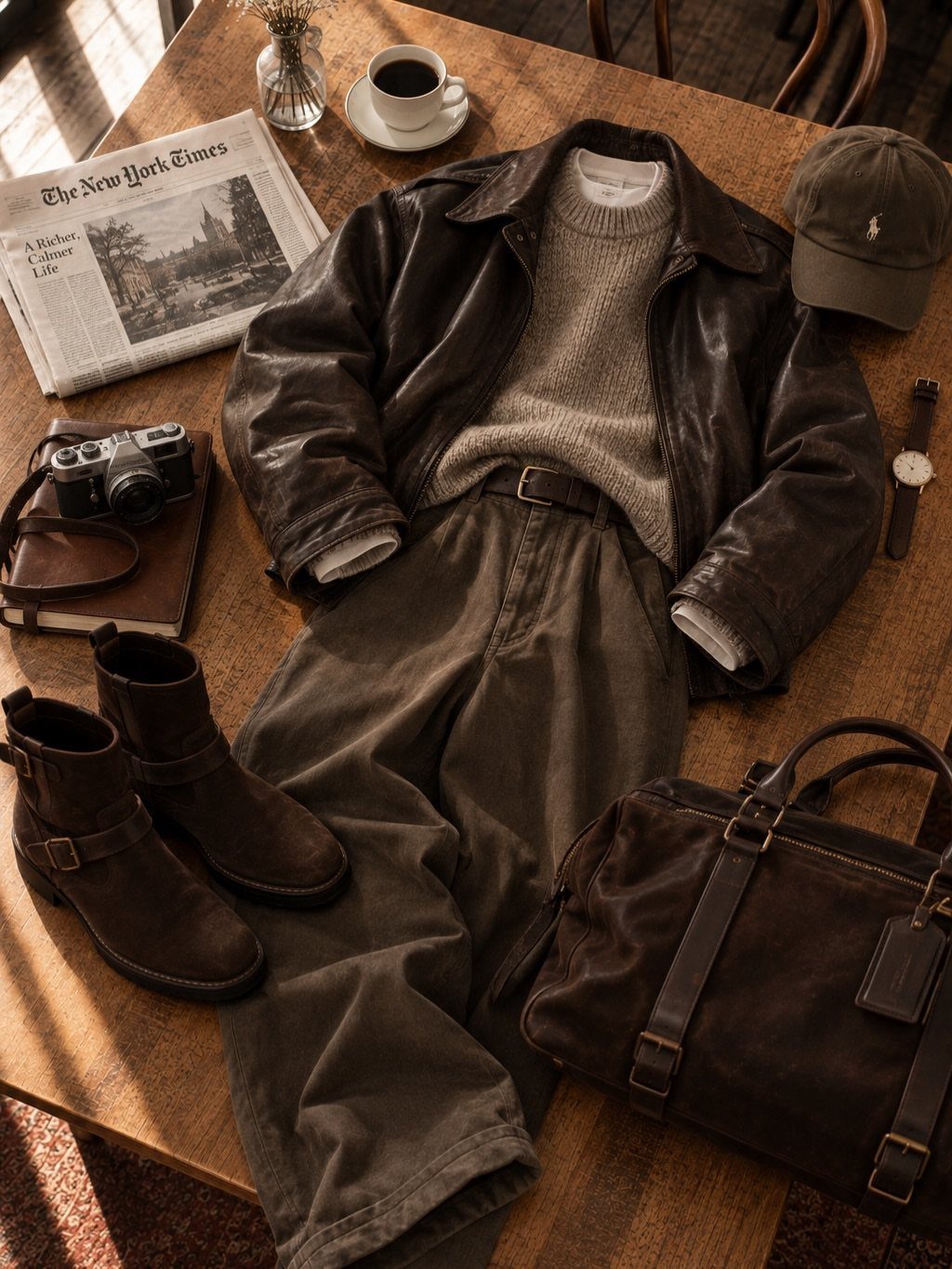 Men's clothing flat lay featuring a leather jacket, sweater, trousers, boots, and vintage accessories on wood.