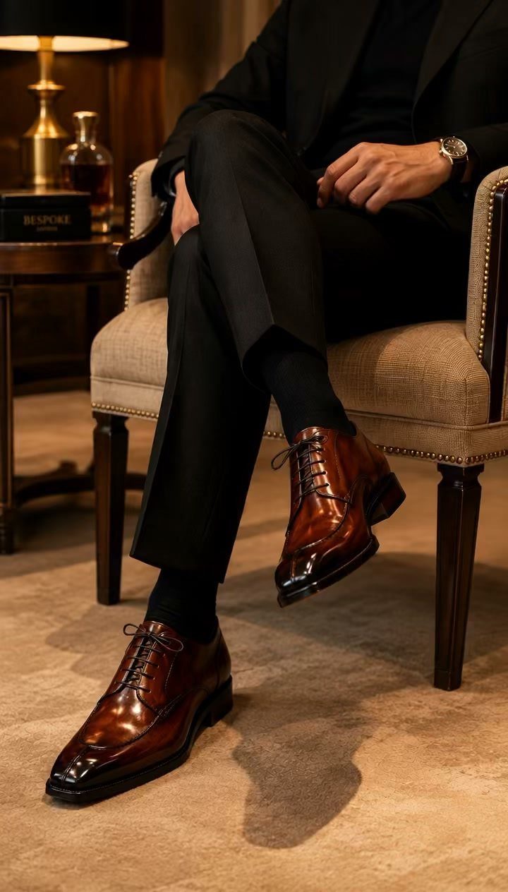 Polished dark brown leather dress shoes worn with a black suit and seated in an armchair.