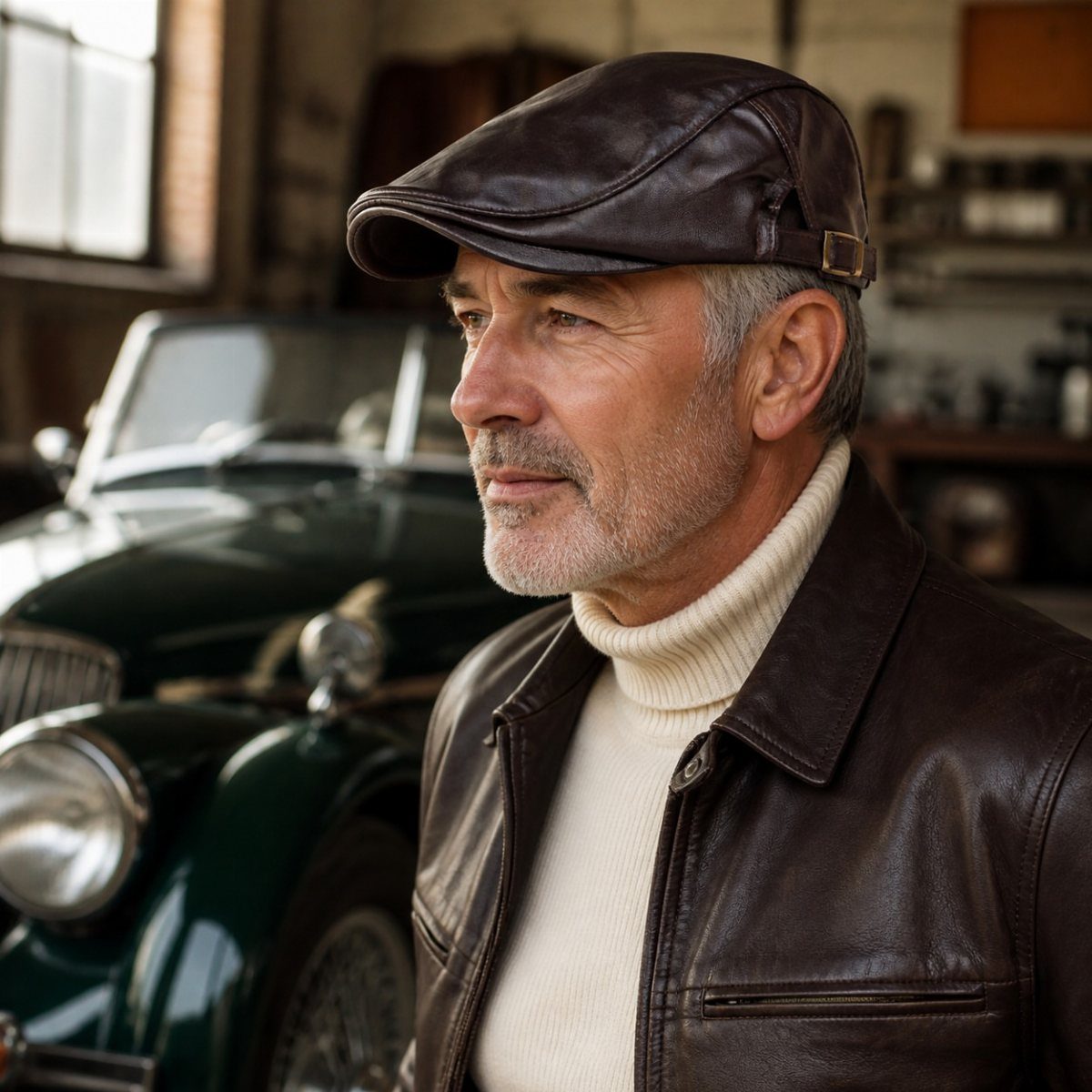 A mature man wearing a brown leather flat cap and a leather jacket near a vintage car.