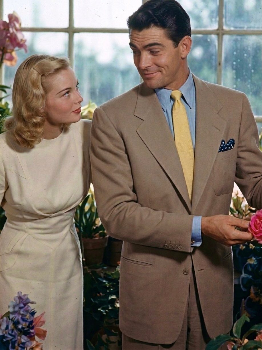 A man wearing a tan tailored suit and yellow tie stands beside a woman.