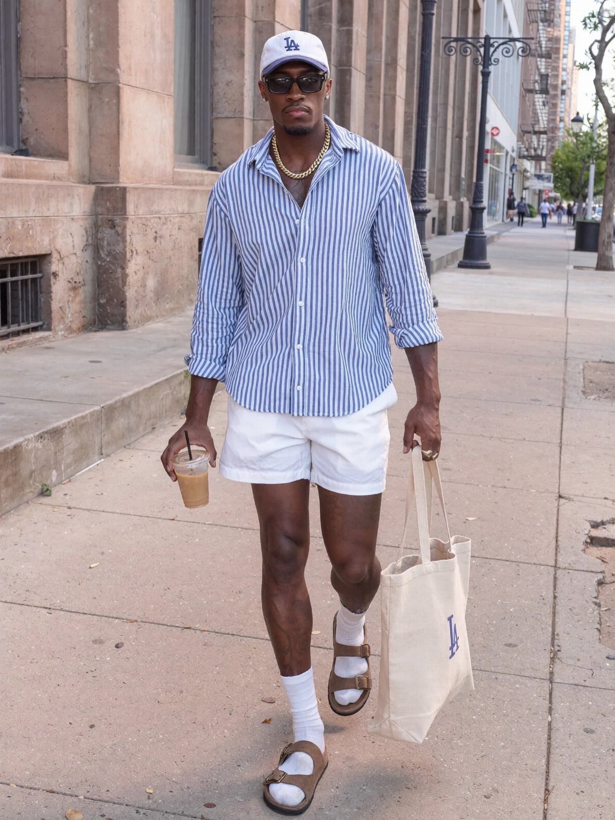 A man in a striped shirt and white shorts walking down a city sidewalk carrying a tote bag.