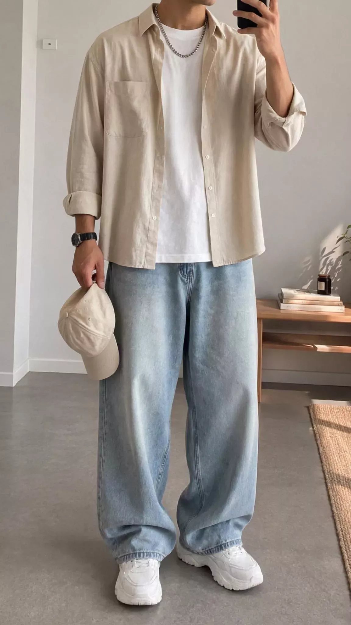 Person wearing a white t-shirt, beige open shirt, and light blue wide-leg jeans.