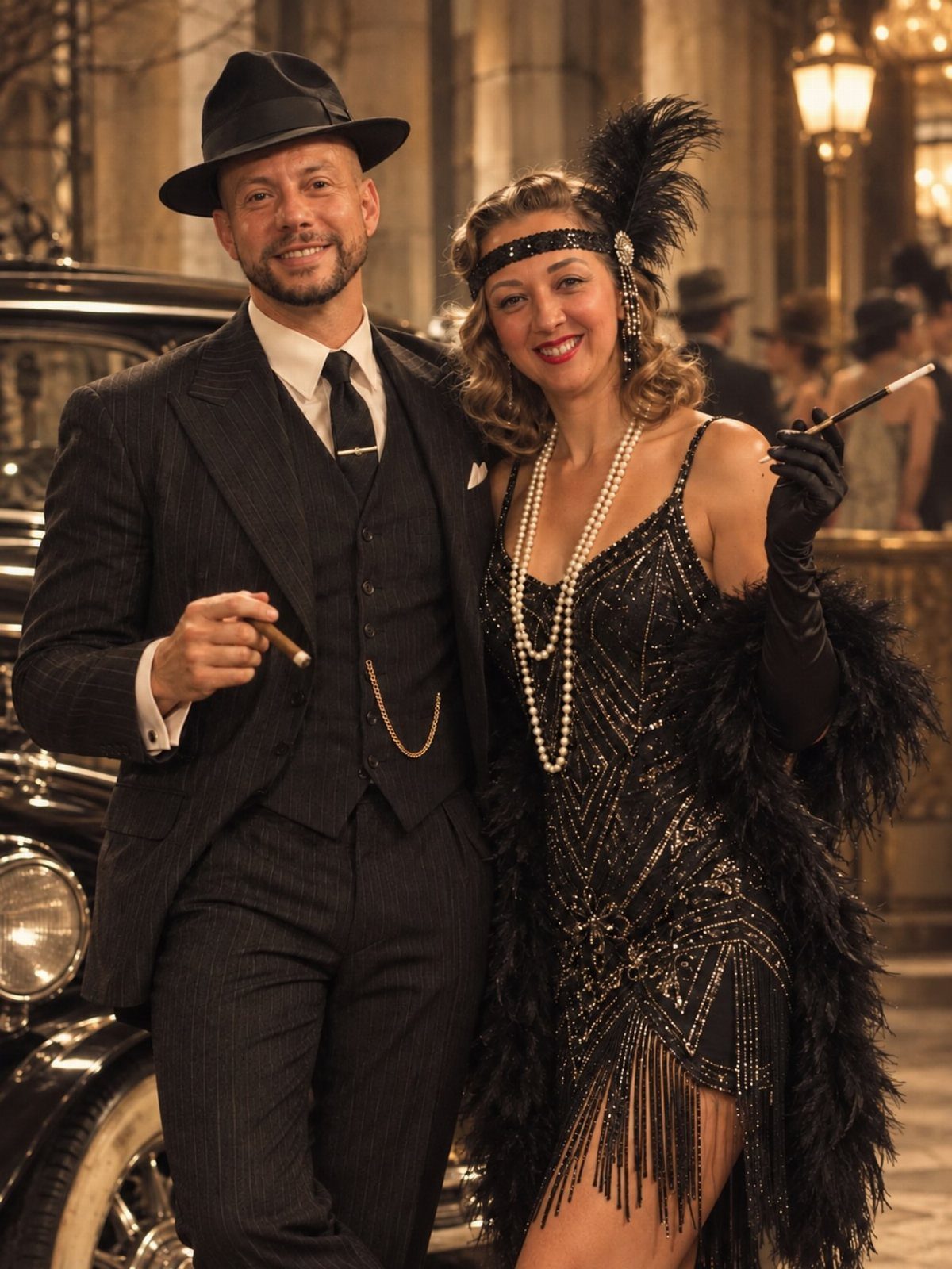 Man in a dark pinstripe suit and woman in flapper attire posing by a vintage car.