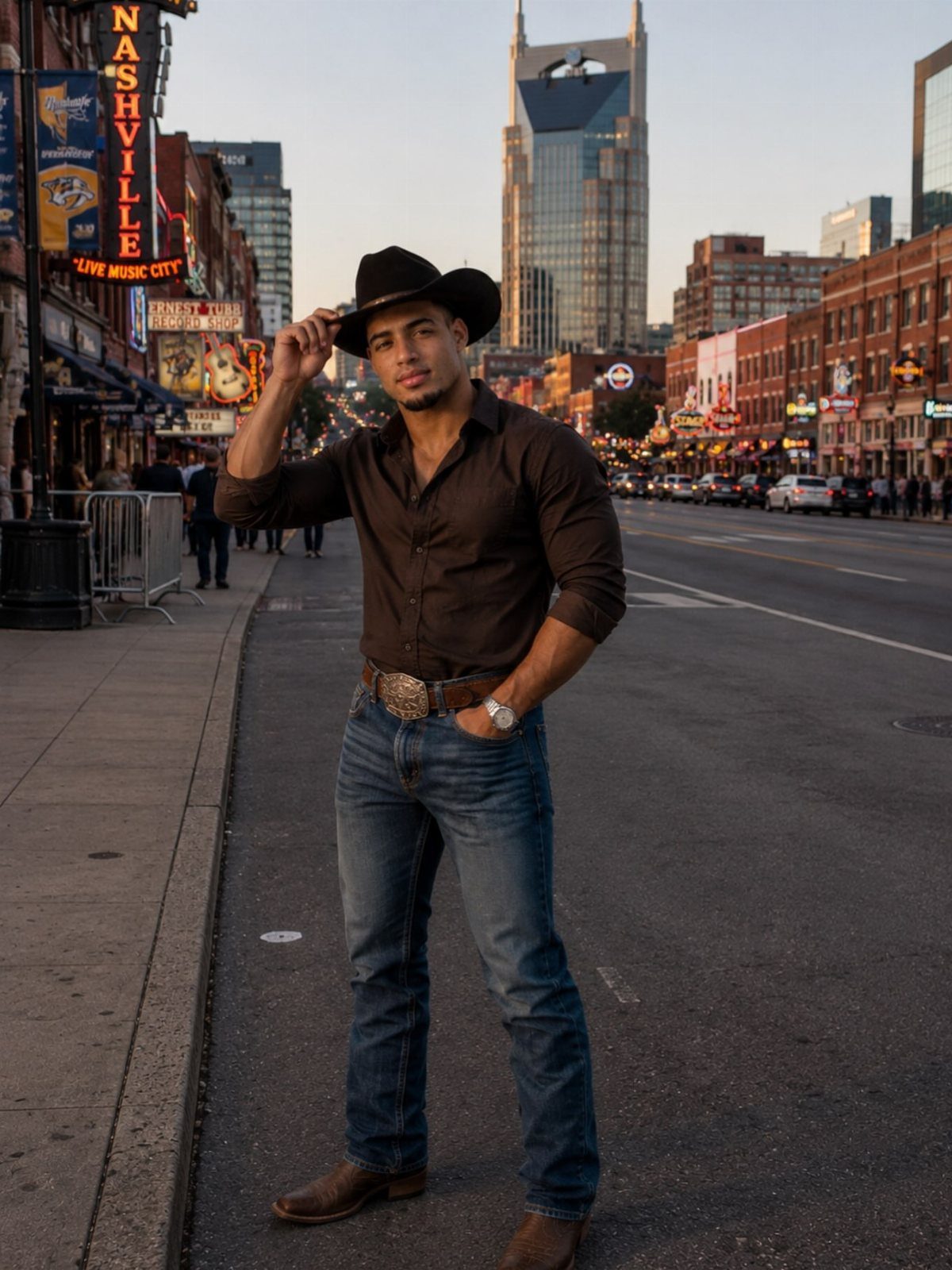 A man in a cowboy hat and dark shirt posing on a Nashville city street.