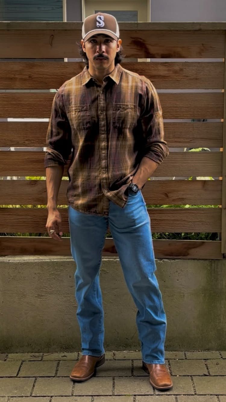 Man wearing a brown plaid shirt, blue denim jeans, and brown leather boots standing outdoors.