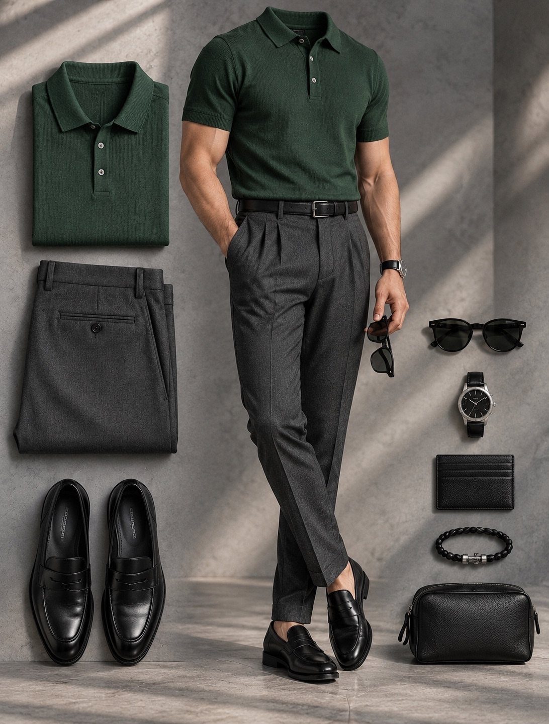 Man in green polo and grey trousers surrounded by various fashion accessories and shoes.