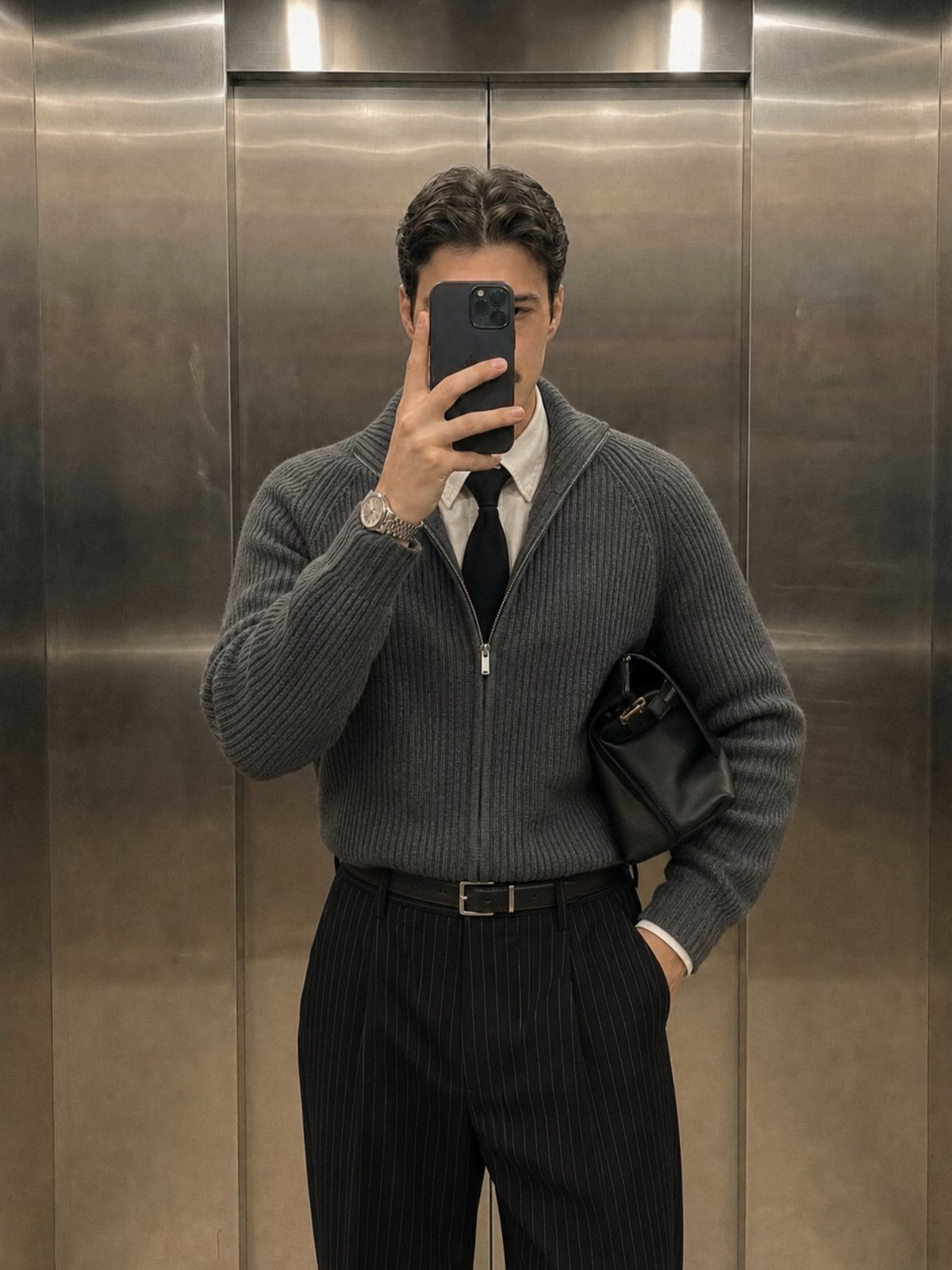 Man in a grey ribbed sweater, white shirt, black tie, and pinstriped trousers taking a selfie.