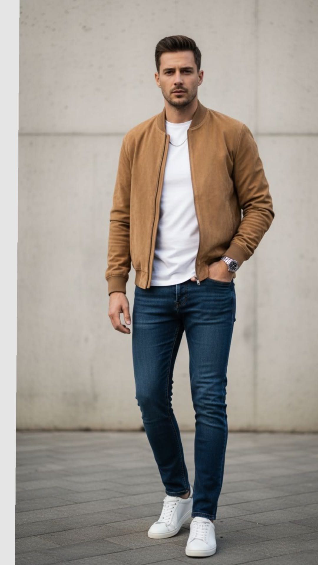 Man wearing a tan suede bomber jacket, white t-shirt, blue jeans, and white sneakers.