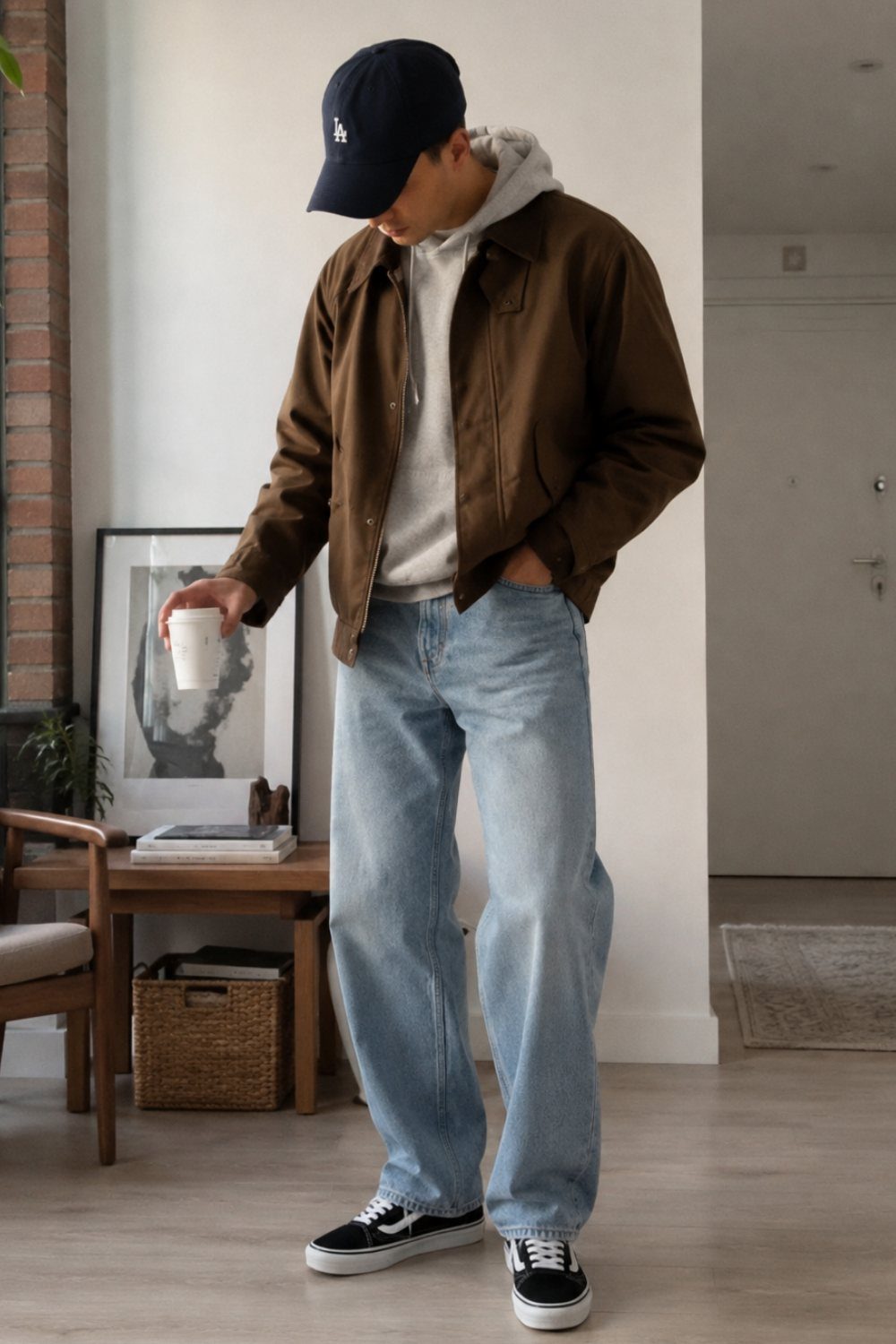 Man in a brown jacket, grey hoodie, and light blue jeans holding a coffee cup.
