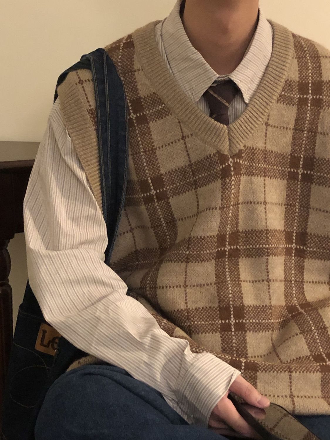 A person wearing a brown plaid sweater vest over a striped button-down shirt and tie.
