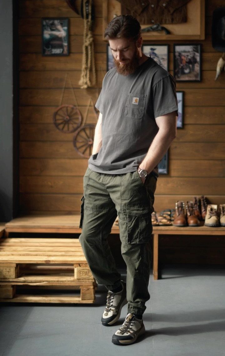 A bearded man posing in olive green cargo pants and a grey t-shirt.