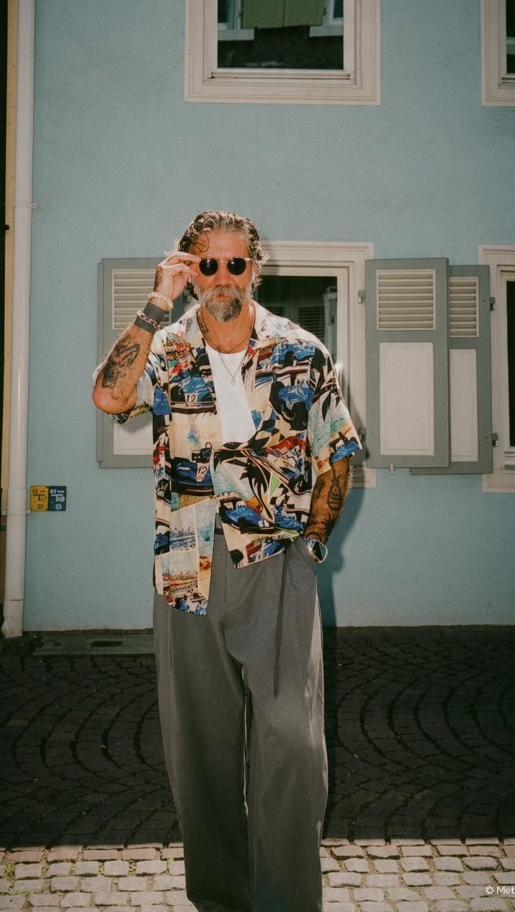 Man in a colorful patterned shirt and grey wide-leg trousers posing against a blue building.