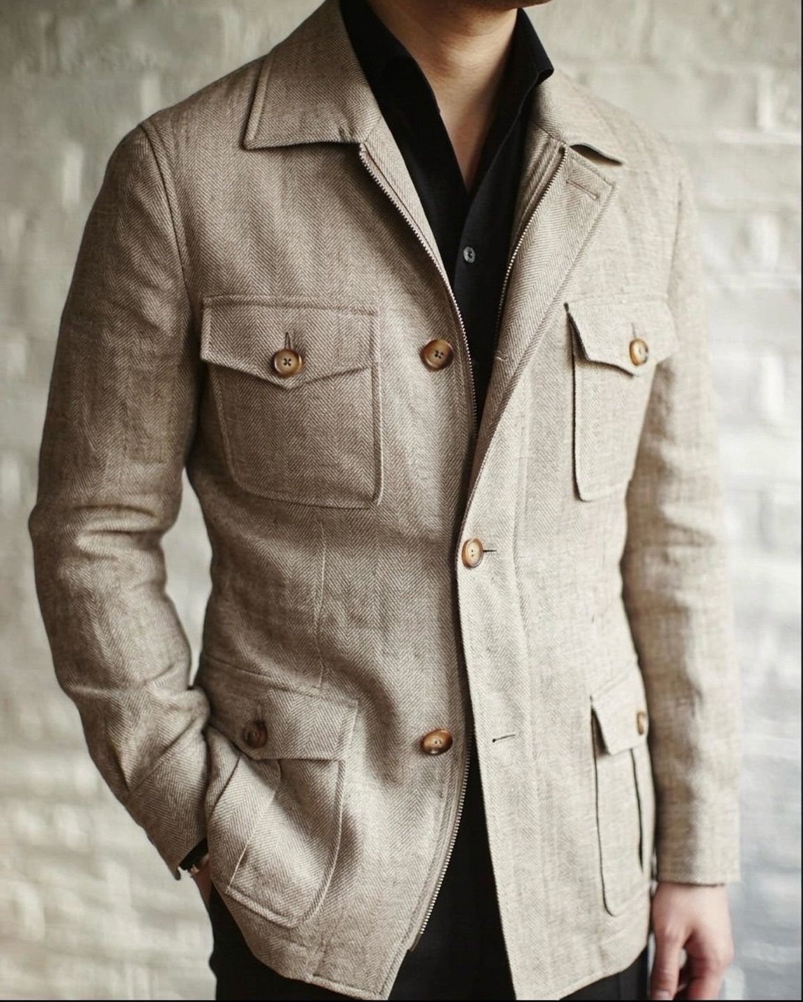 A man wearing a light beige textured utility blazer over a black shirt.