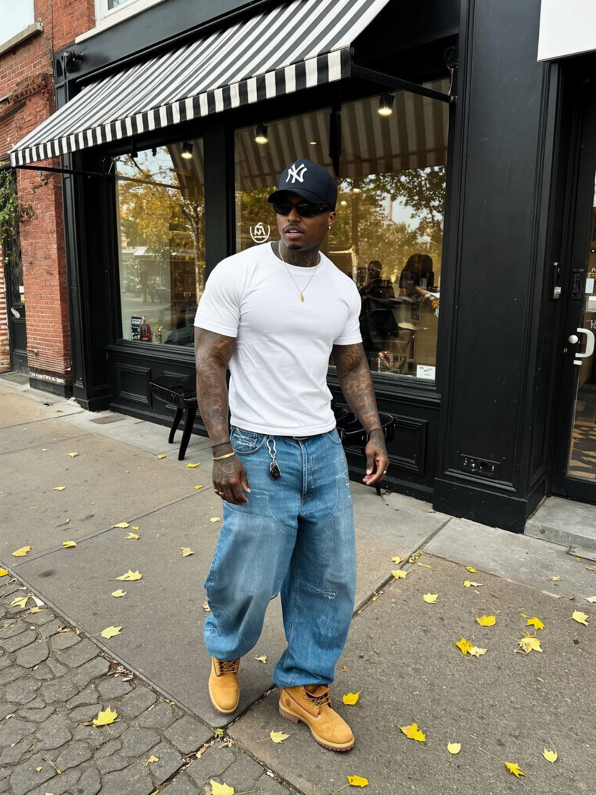 Man in white t-shirt and baggy blue jeans posing on a city sidewalk.
