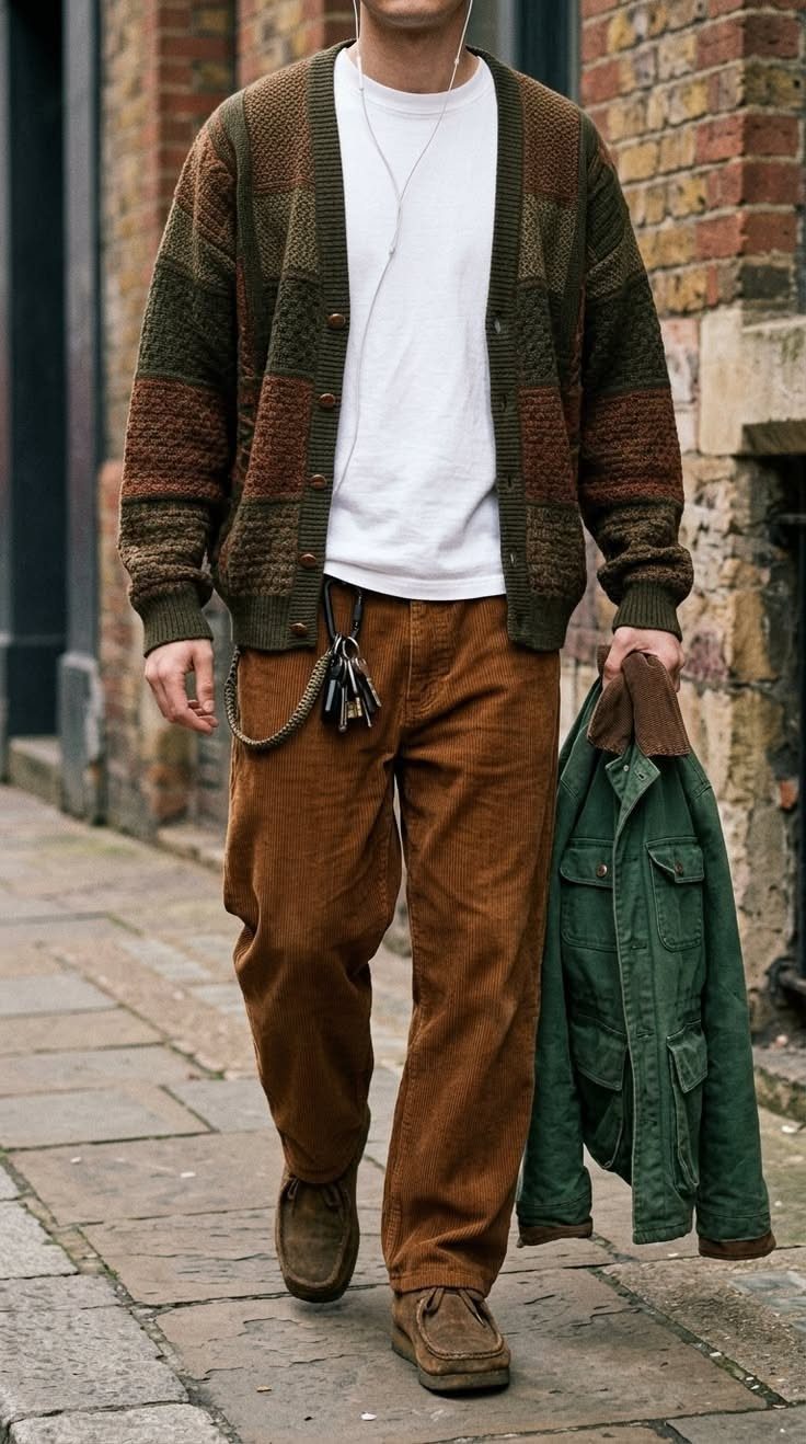 A person wearing a patterned olive and brown cardigan with brown corduroy pants walking outdoors.