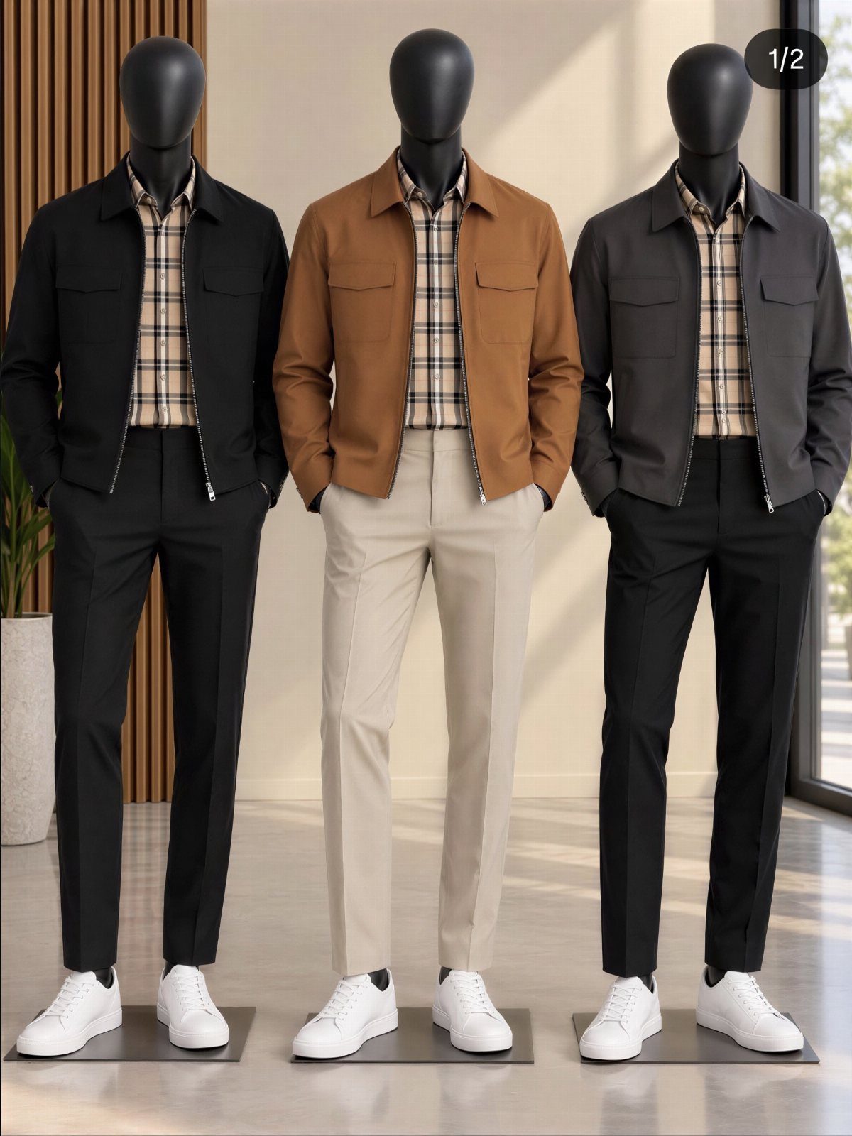 Three mannequins wearing stylish men's casual outfits with jackets, plaid shirts, trousers, and white sneakers.