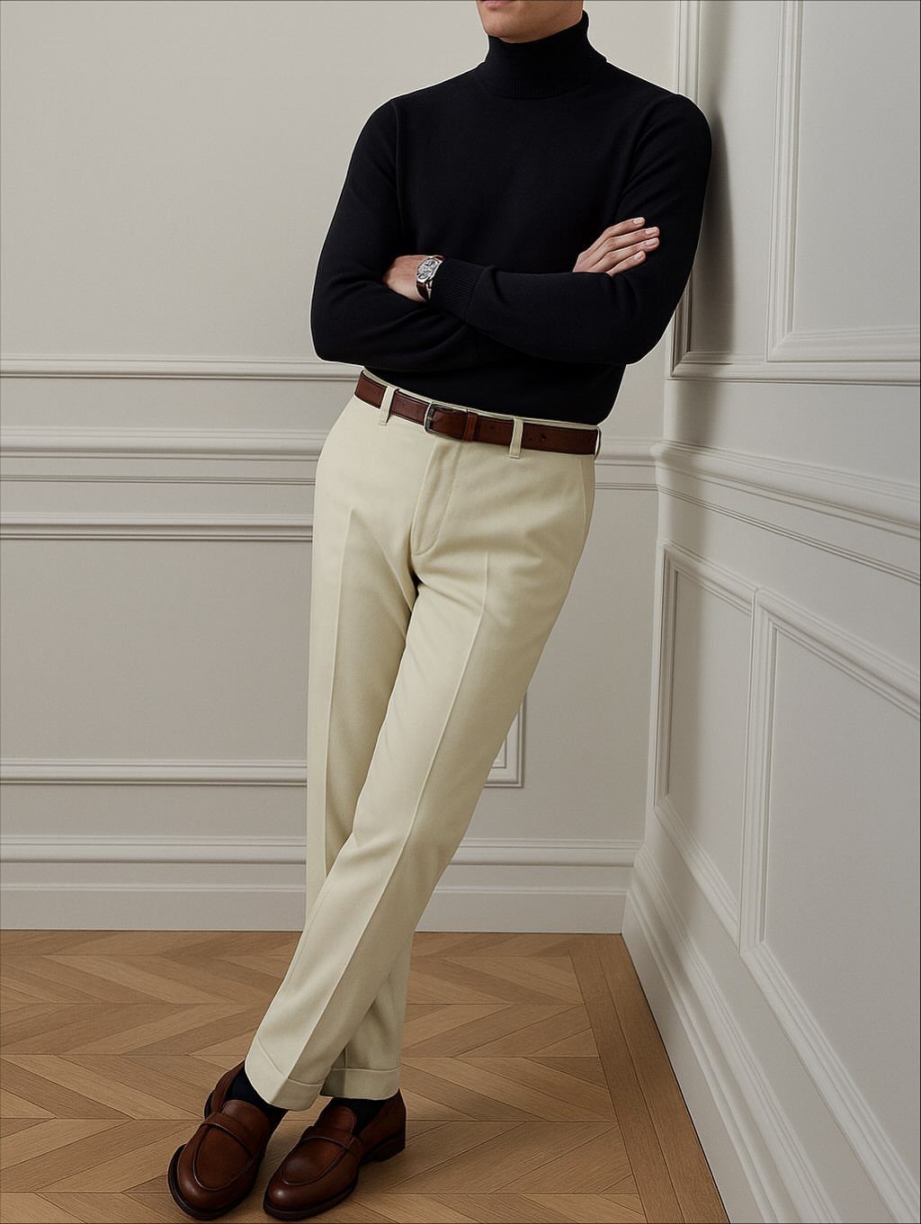 Man wearing a black turtleneck sweater and cream trousers leaning against a white wall.