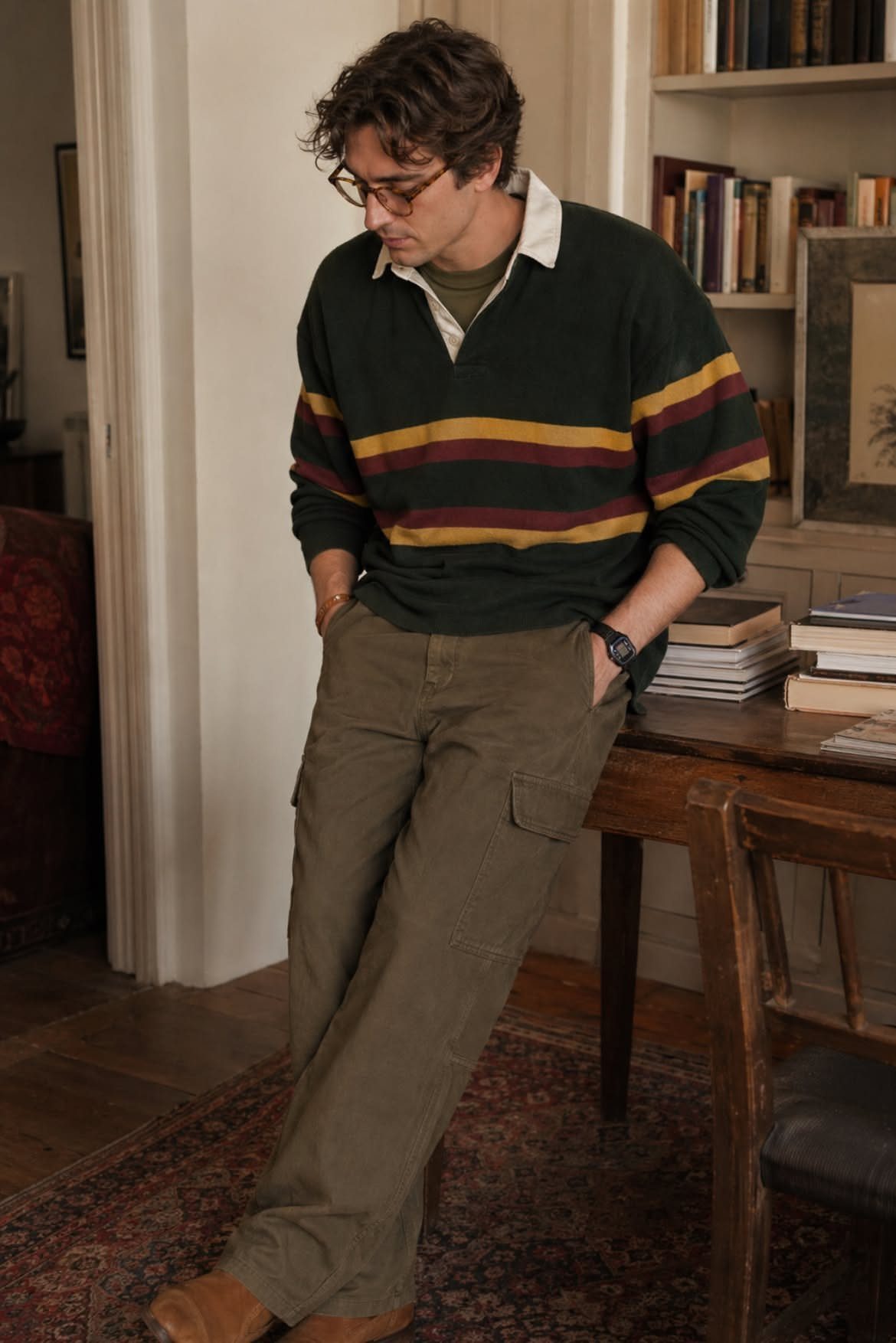 Man in a striped green pullover and olive cargo pants standing near a wooden desk.