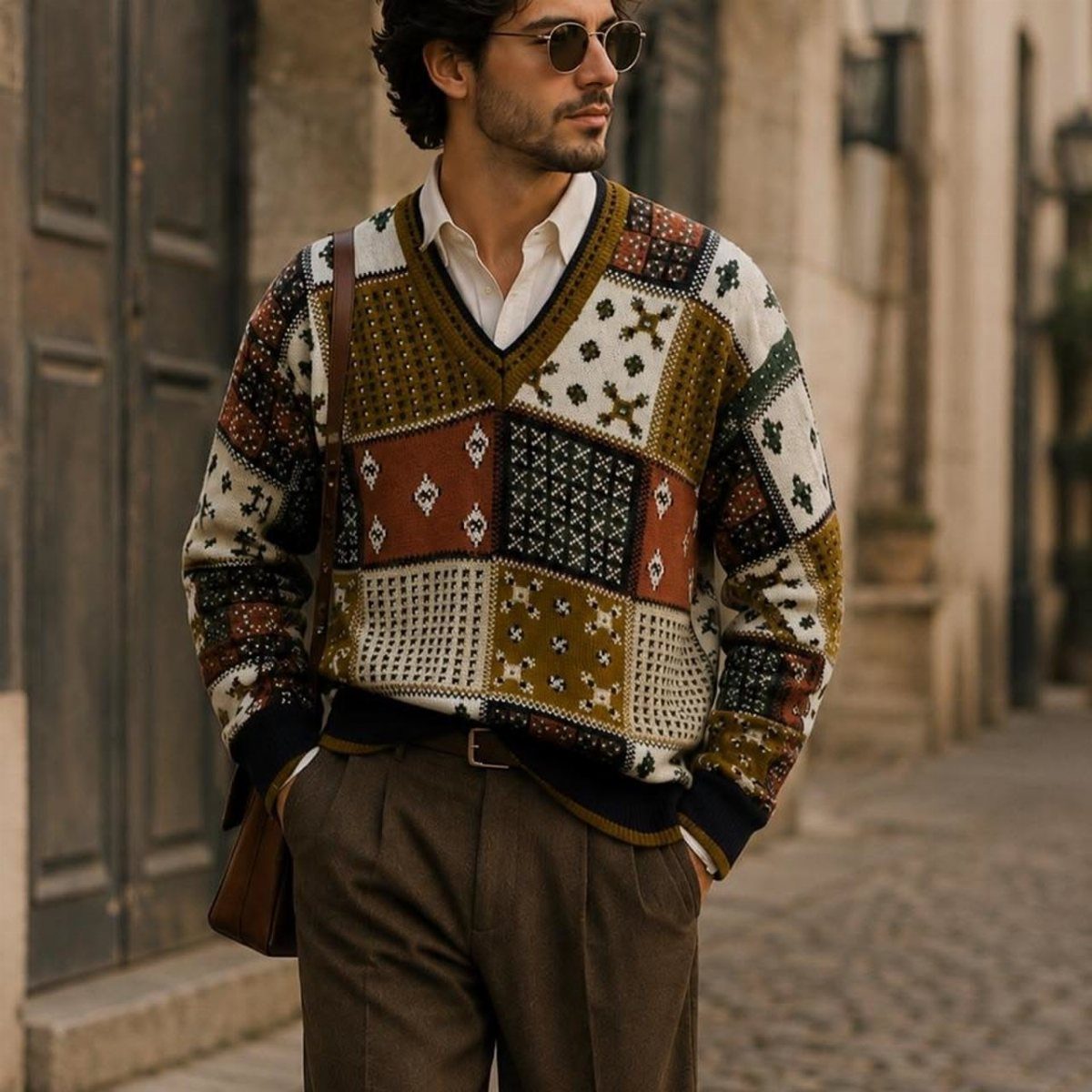 Man wearing a patterned patchwork sweater layered over a white collared shirt and brown trousers.