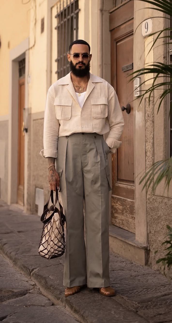A bearded man in a cream utility shirt and wide-leg grey trousers standing on a street.