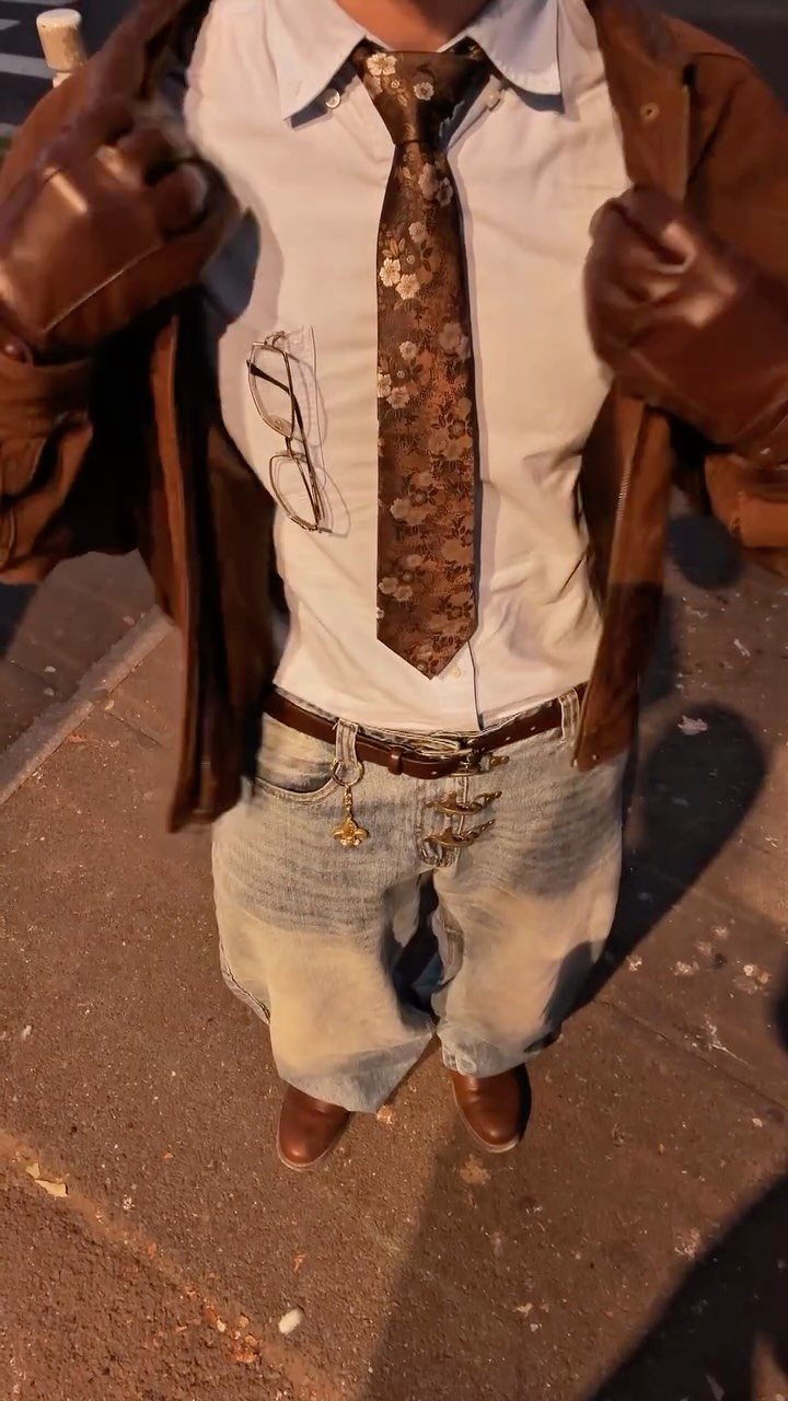 Man wearing a brown leather jacket, floral tie, white shirt, and light wash denim jeans.