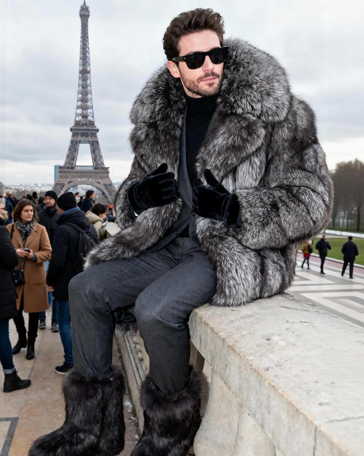 A man in a voluminous grey fur coat and black sunglasses sitting near the Eiffel Tower in Paris.