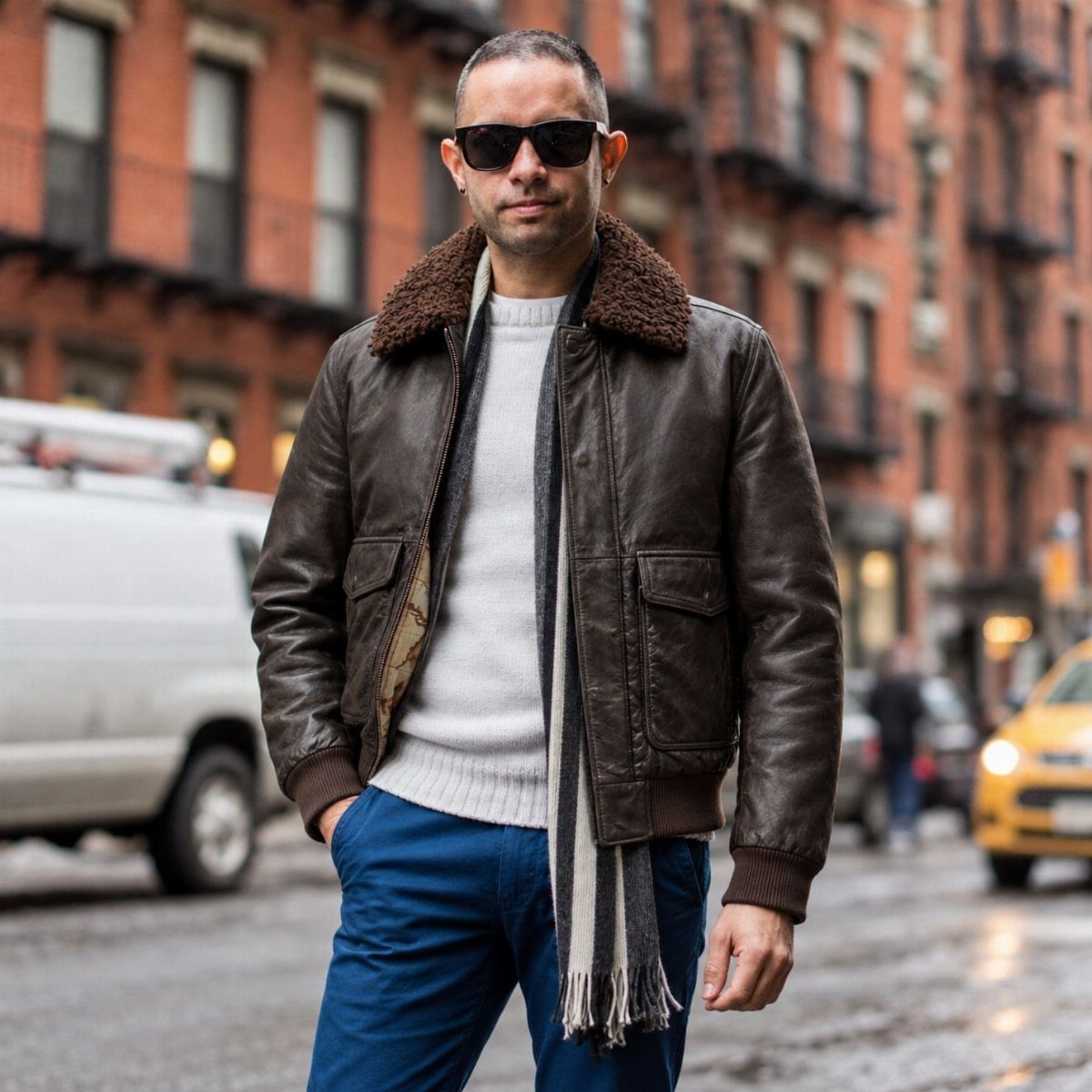 Man wearing a brown leather shearling bomber jacket and a white sweater on a city street.