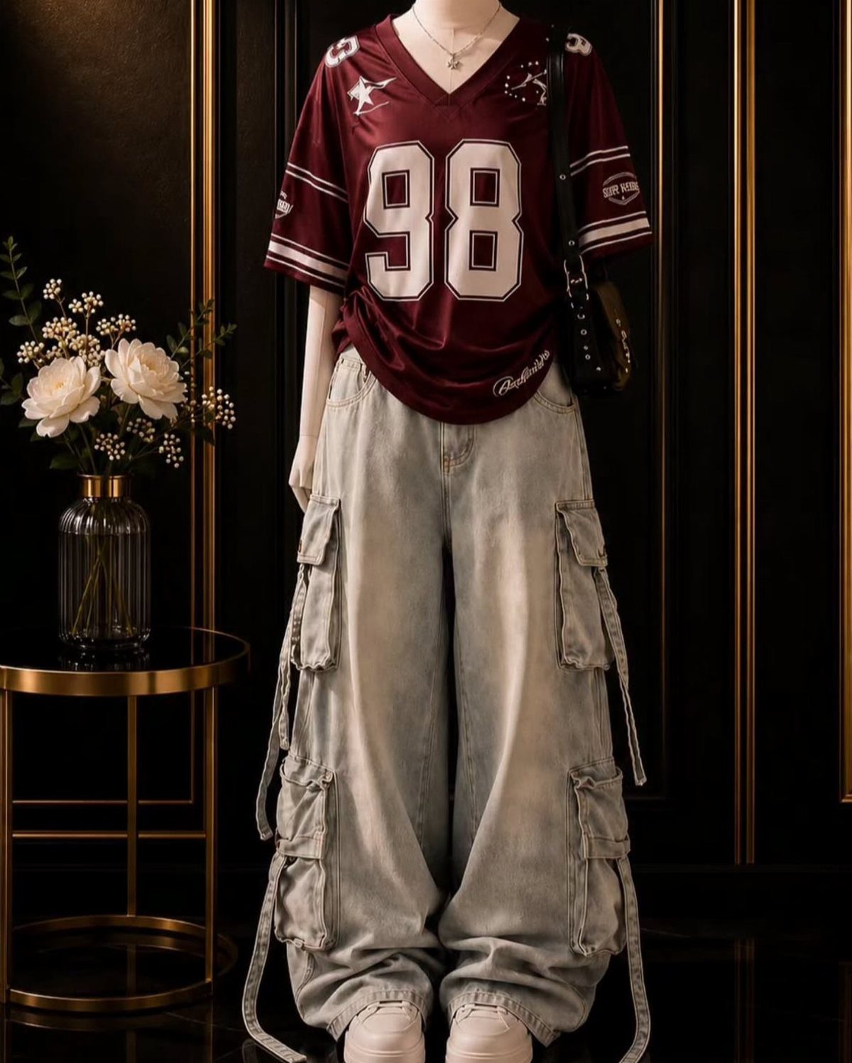 Mannequin wearing a maroon jersey and light blue baggy cargo pants with decorative straps.